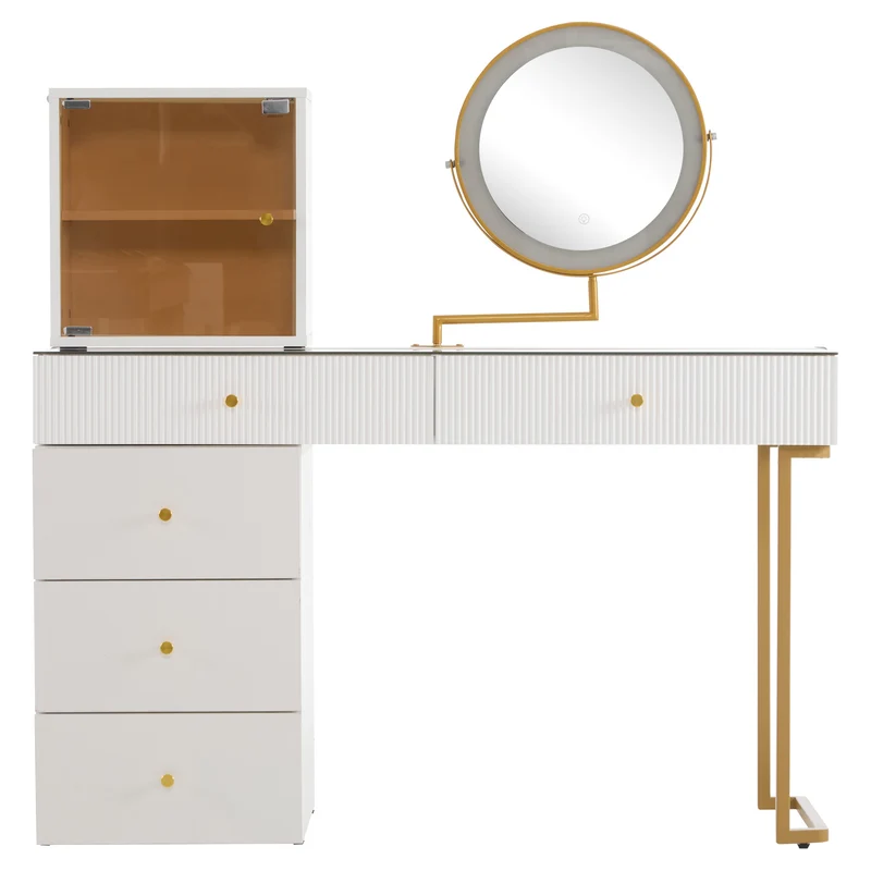 Coiffeuse blanche avec mirror éclairé LED vitre verre trempé teinté ALUMINUMSCREEN