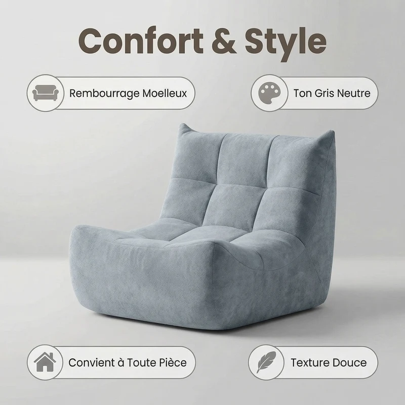 Fauteuil chauffeuse capitonné en tissu chenille gris, mousse mémoire CALCIUMCASCADE