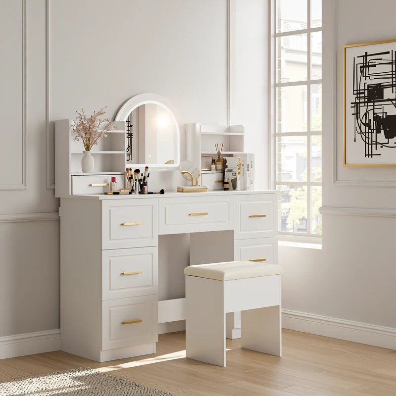 Coiffeuse blanche grande avec miroir LED, 9 tiroirs et tabouret blanc ALUMINUMSOFA