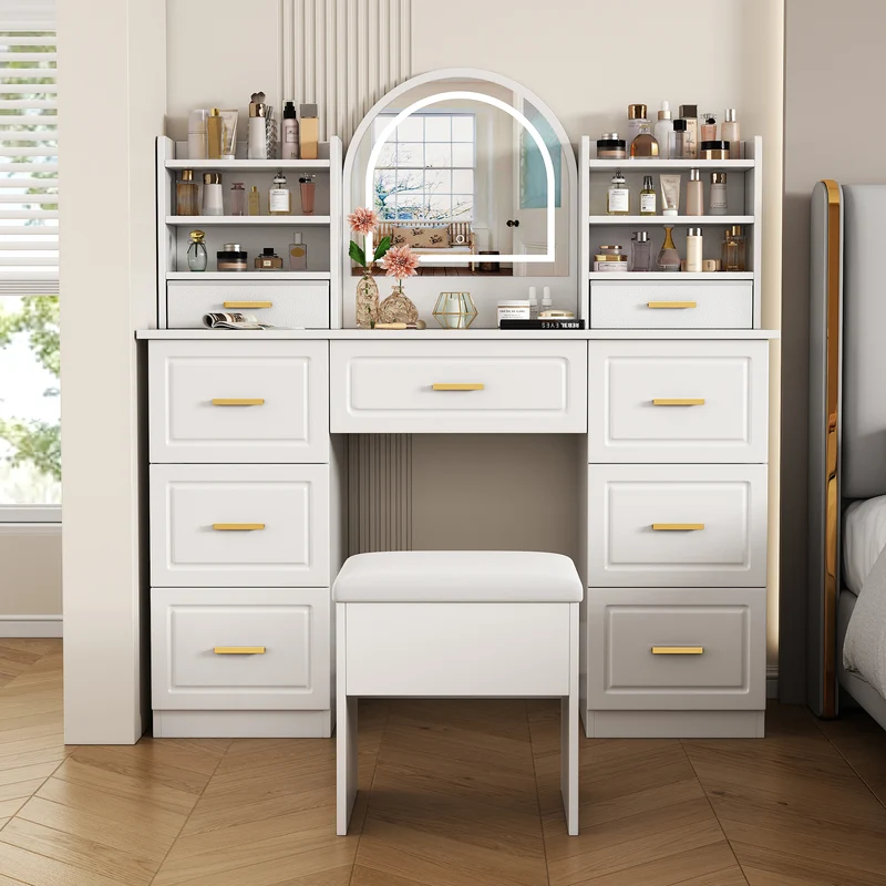 Coiffeuse blanche grande avec miroir LED, 9 tiroirs et tabouret blanc ALUMINUMSOFA