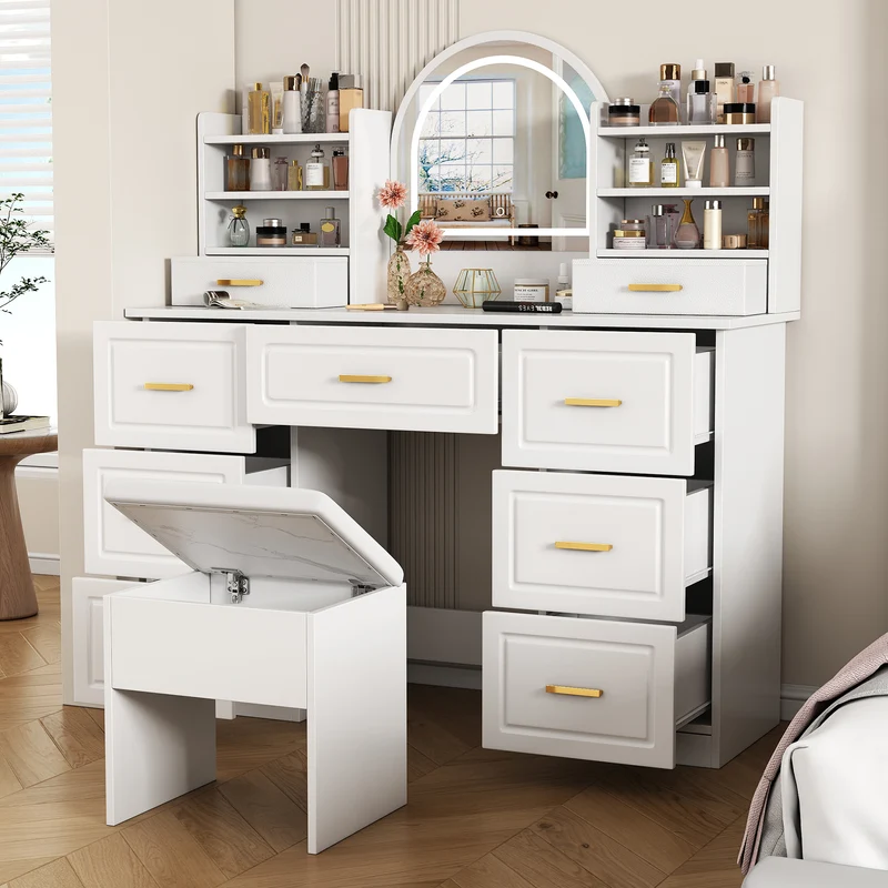 Coiffeuse blanche grande avec miroir LED, 9 tiroirs et tabouret blanc ALUMINUMSOFA