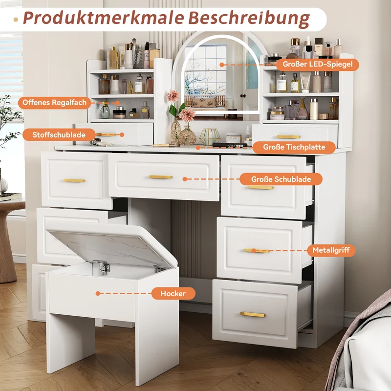 Coiffeuse blanche grande avec miroir LED, 9 tiroirs et tabouret blanc ALUMINUMSOFA