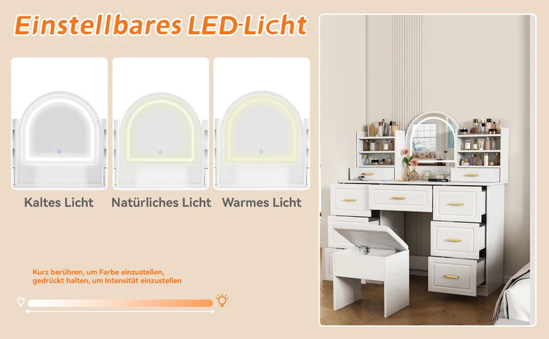 Coiffeuse blanche grande avec miroir LED, 9 tiroirs et tabouret blanc ALUMINUMSOFA
