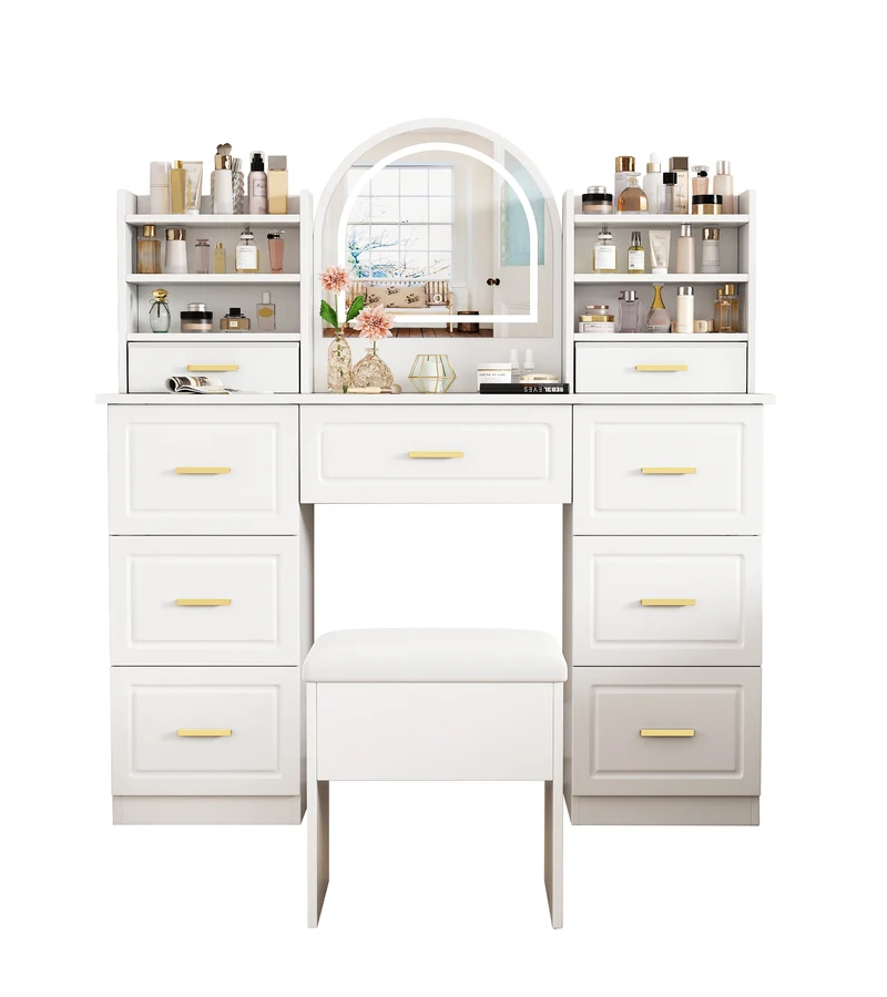 Coiffeuse blanche grande avec miroir LED, 9 tiroirs et tabouret blanc ALUMINUMSOFA