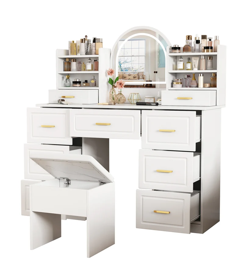 Coiffeuse blanche grande avec miroir LED, 9 tiroirs et tabouret blanc ALUMINUMSOFA