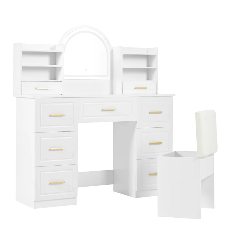 Coiffeuse blanche grande avec miroir LED, 9 tiroirs et tabouret blanc ALUMINUMSOFA
