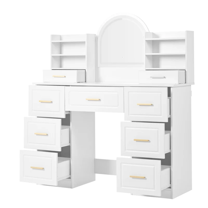 Coiffeuse blanche grande avec miroir LED, 9 tiroirs et tabouret blanc ALUMINUMSOFA