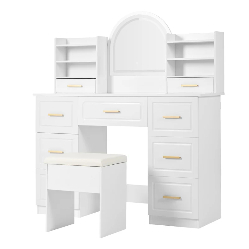 Coiffeuse blanche grande avec miroir LED, 9 tiroirs et tabouret blanc ALUMINUMSOFA