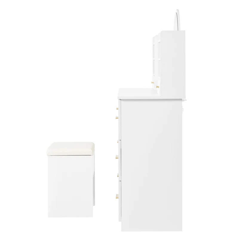 Coiffeuse blanche grande avec miroir LED, 9 tiroirs et tabouret blanc ALUMINUMSOFA