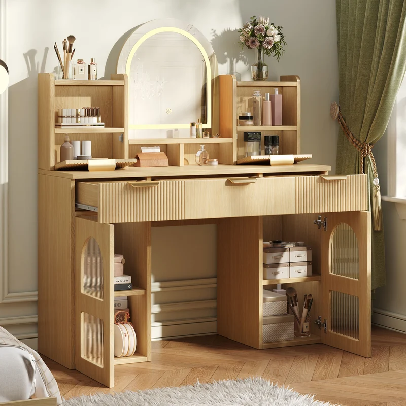 Coiffeuse effet bois naturel avec LED, miroir, 3 tiroirs & 2 vitrines 120x40x139,5cm RUBYRIDGE