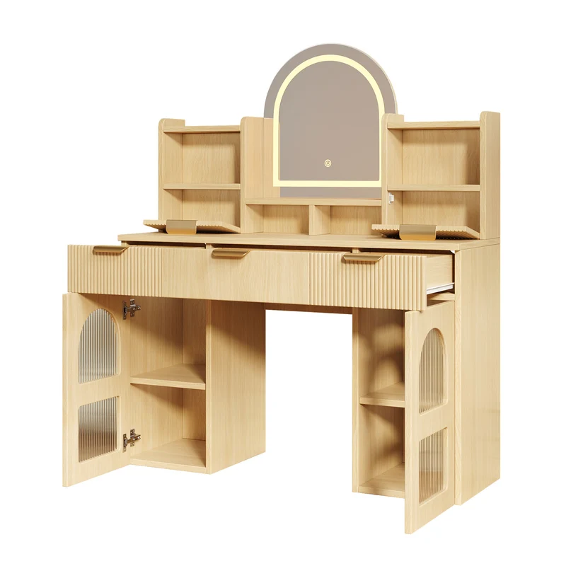 Coiffeuse effet bois naturel avec LED, miroir, 3 tiroirs & 2 vitrines 120x40x139,5cm RUBYRIDGE
