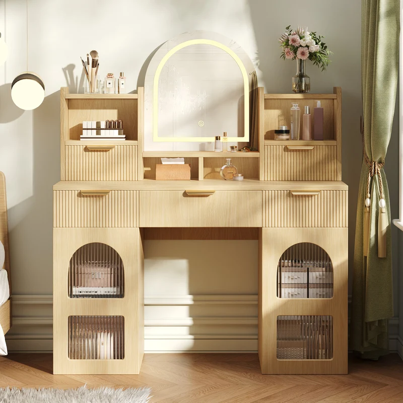 Coiffeuse effet bois naturel avec LED, miroir, 3 tiroirs & 2 vitrines 120x40x139,5cm RUBYRIDGE