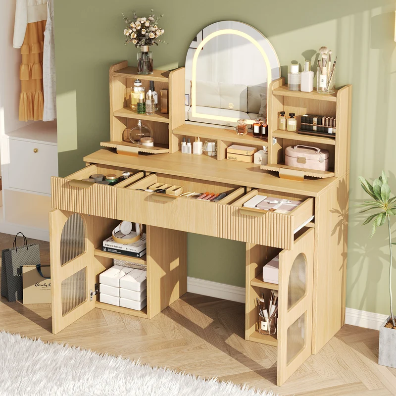 Coiffeuse effet bois naturel avec LED, miroir, 3 tiroirs & 2 vitrines 120x40x139,5cm RUBYRIDGE