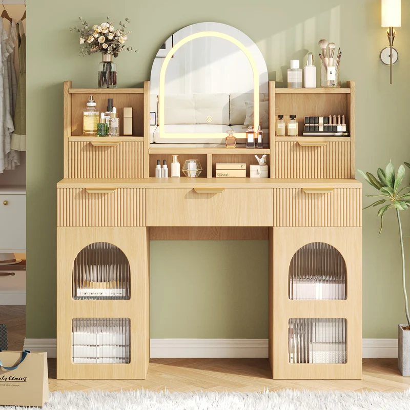 Coiffeuse effet bois naturel avec LED, miroir, 3 tiroirs & 2 vitrines 120x40x139,5cm RUBYRIDGE