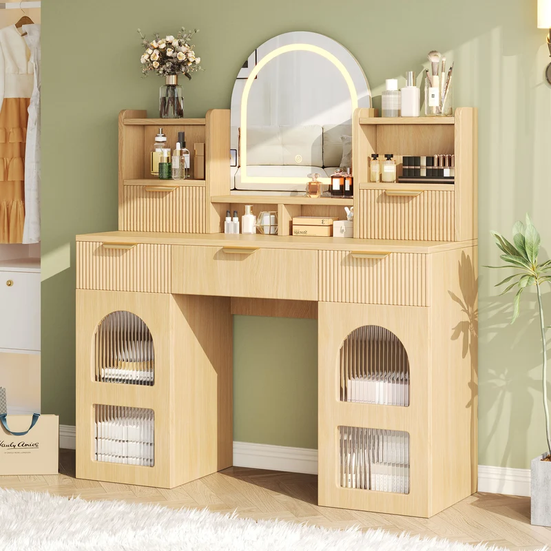 Coiffeuse effet bois naturel avec LED, miroir, 3 tiroirs & 2 vitrines 120x40x139,5cm RUBYRIDGE