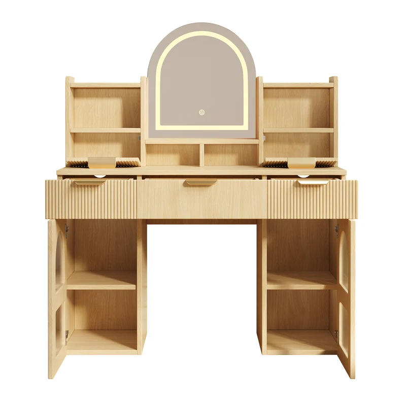 Coiffeuse effet bois naturel avec LED, miroir, 3 tiroirs & 2 vitrines 120x40x139,5cm RUBYRIDGE