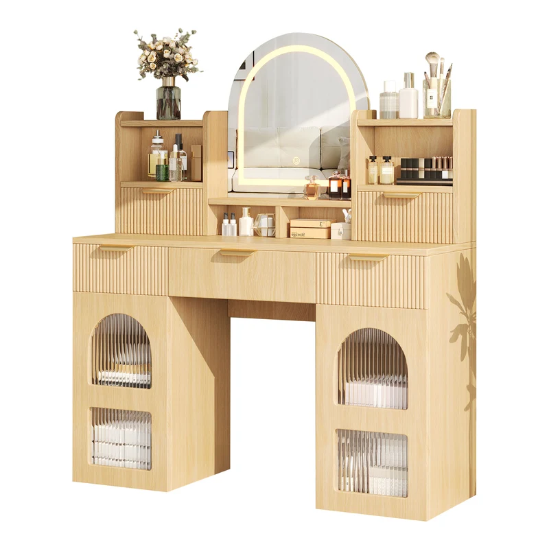 Coiffeuse effet bois naturel avec LED, miroir, 3 tiroirs & 2 vitrines 120x40x139,5cm RUBYRIDGE