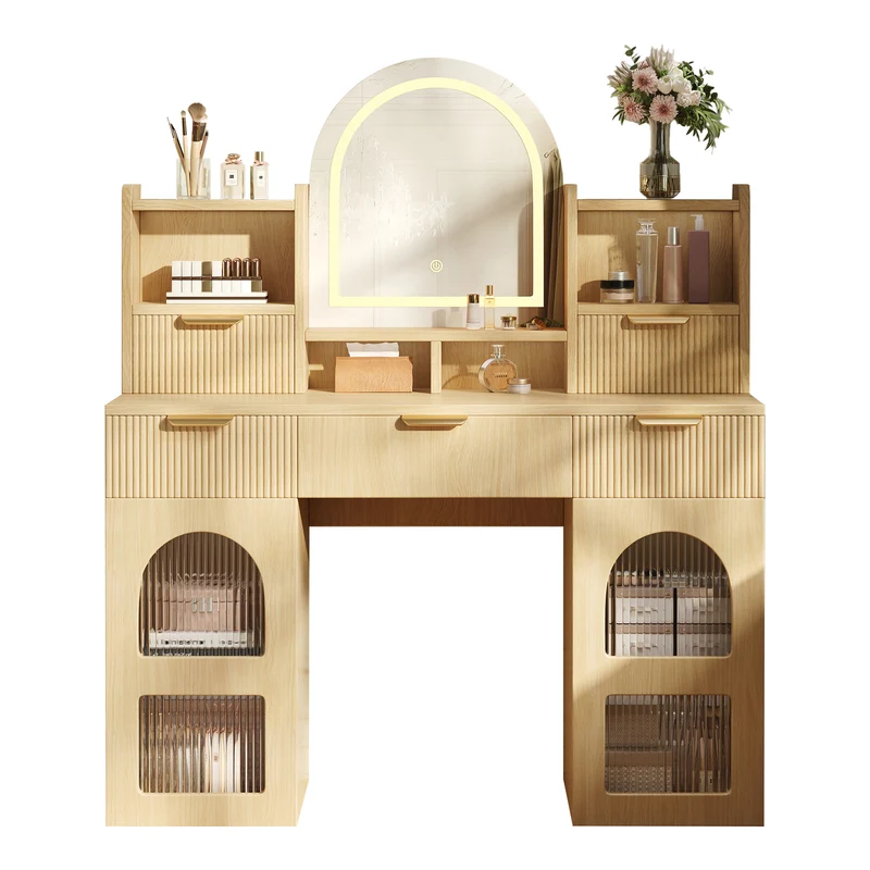 Coiffeuse effet bois naturel avec LED, miroir, 3 tiroirs & 2 vitrines 120x40x139,5cm RUBYRIDGE