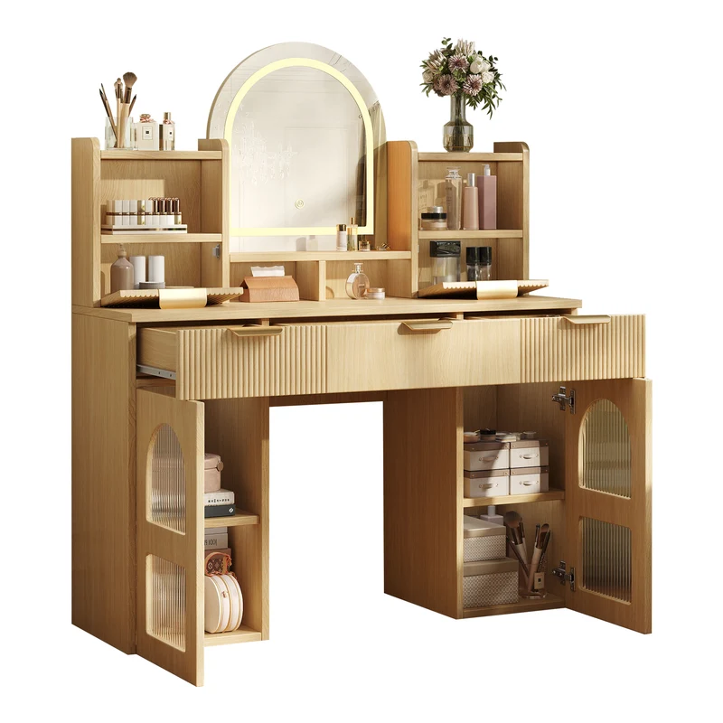 Coiffeuse effet bois naturel avec LED, miroir, 3 tiroirs & 2 vitrines 120x40x139,5cm RUBYRIDGE