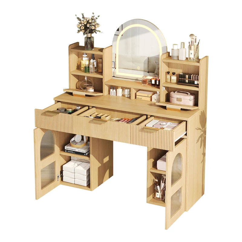 Coiffeuse effet bois naturel avec LED, miroir, 3 tiroirs & 2 vitrines 120x40x139,5cm RUBYRIDGE