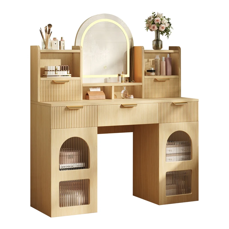 Coiffeuse effet bois naturel avec LED, miroir, 3 tiroirs & 2 vitrines 120x40x139,5cm RUBYRIDGE