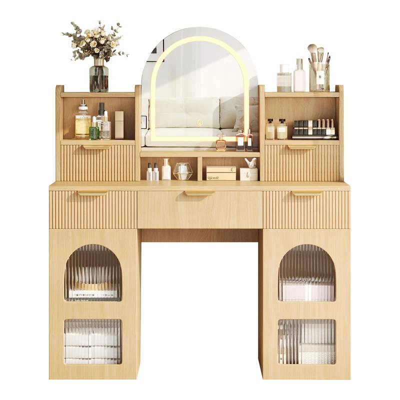 Coiffeuse effet bois naturel avec LED, miroir, 3 tiroirs & 2 vitrines 120x40x139,5cm RUBYRIDGE