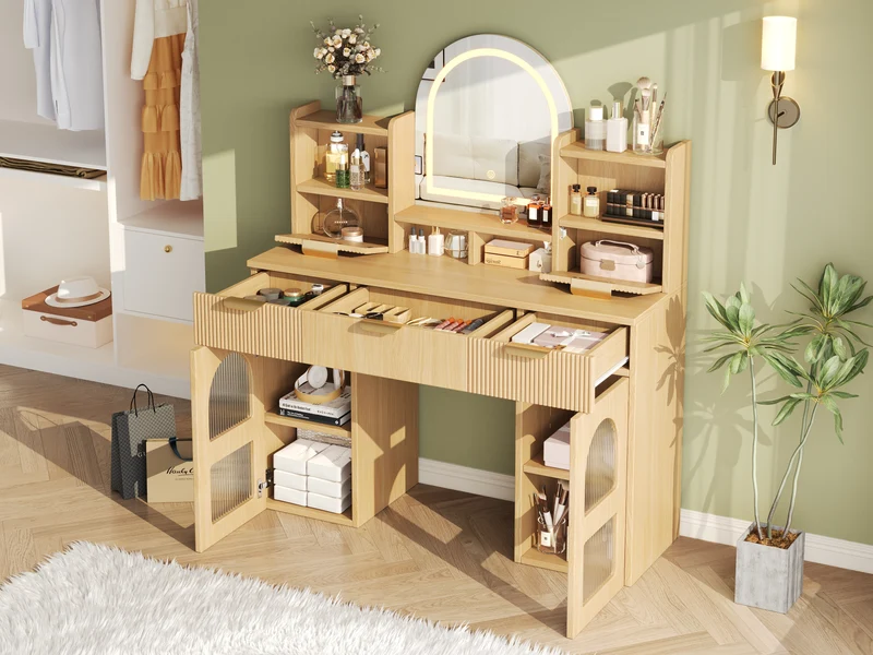 Coiffeuse effet bois naturel avec LED, miroir, 3 tiroirs & 2 vitrines 120x40x139,5cm RUBYRIDGE