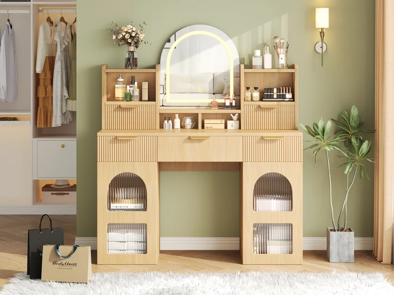 Coiffeuse effet bois naturel avec LED, miroir, 3 tiroirs & 2 vitrines 120x40x139,5cm RUBYRIDGE