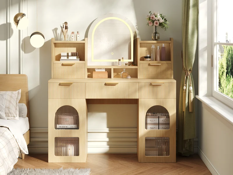 Coiffeuse effet bois naturel avec LED, miroir, 3 tiroirs & 2 vitrines 120x40x139,5cm RUBYRIDGE