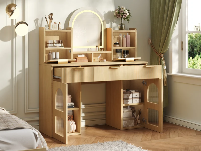 Coiffeuse effet bois naturel avec LED, miroir, 3 tiroirs & 2 vitrines 120x40x139,5cm RUBYRIDGE