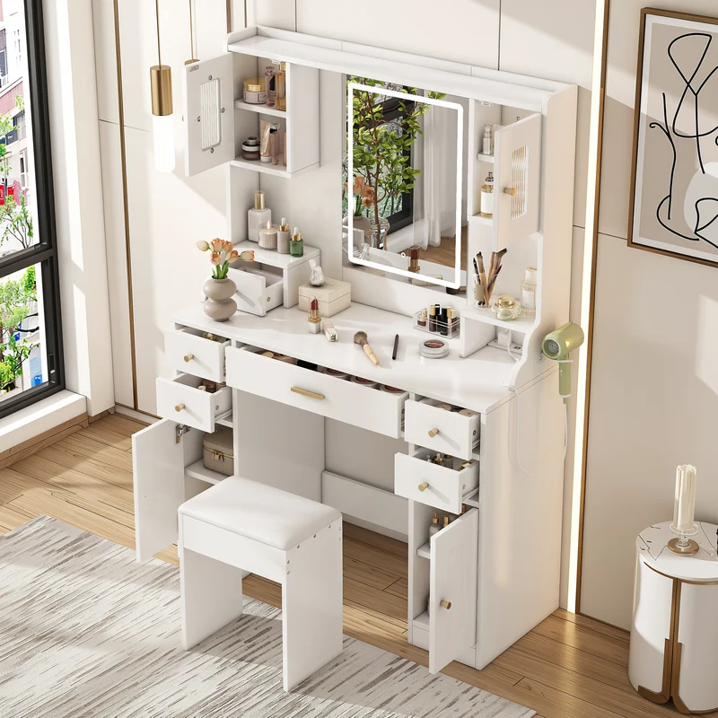 Coiffeuse blanche avec miroir LED réglable, 6 tiroirs, 4 portes et prises intégrées 105x152x40cm ALUMINUMSHELF