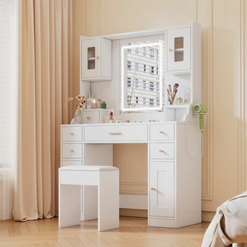 Coiffeuse blanche avec miroir LED réglable, 6 tiroirs, 4 portes et prises intégrées 105x152x40cm ALUMINUMSHELF