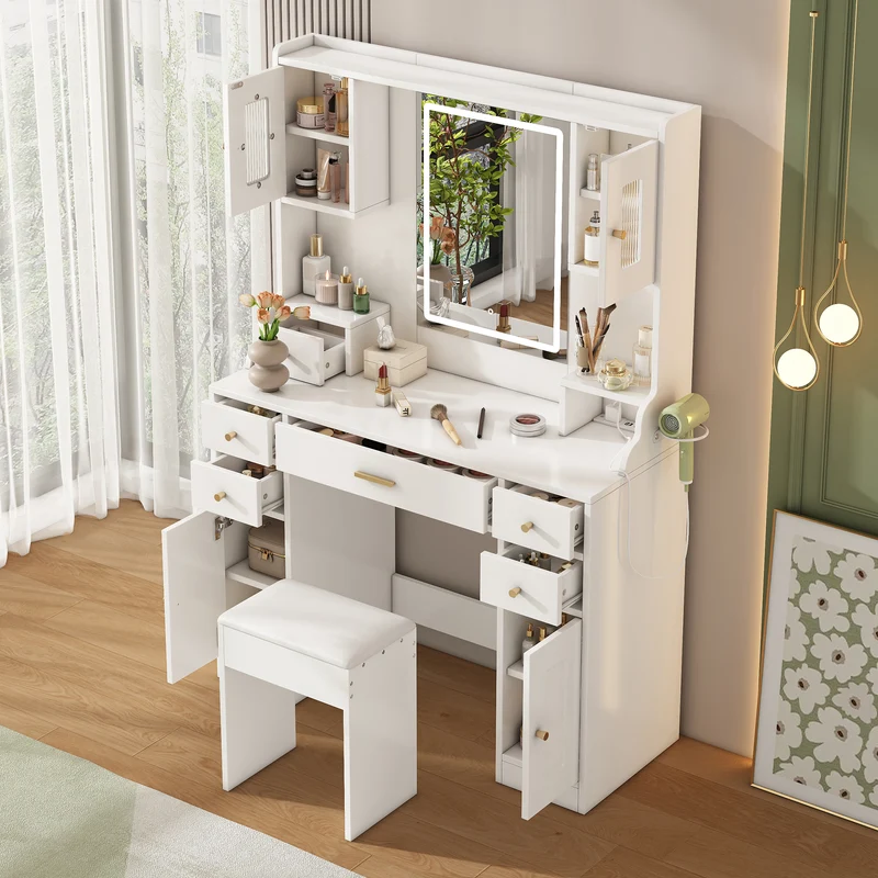 Coiffeuse blanche avec miroir LED réglable, 6 tiroirs, 4 portes et prises intégrées 105x152x40cm ALUMINUMSHELF