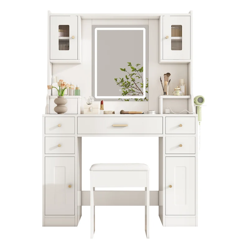 Coiffeuse blanche avec miroir LED réglable, 6 tiroirs, 4 portes et prises intégrées 105x152x40cm ALUMINUMSHELF