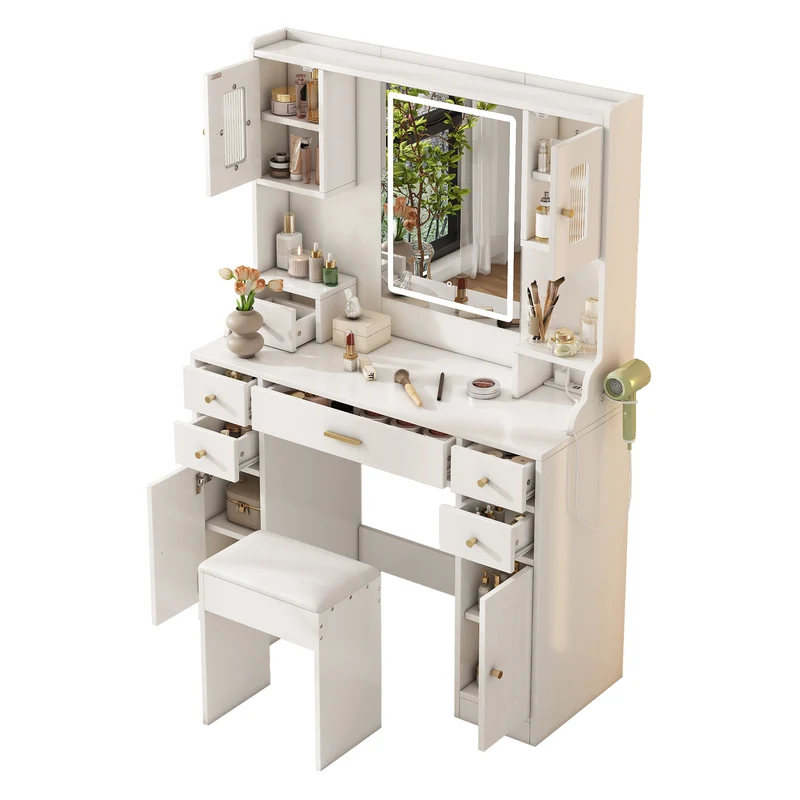 Coiffeuse blanche avec miroir LED réglable, 6 tiroirs, 4 portes et prises intégrées 105x152x40cm ALUMINUMSHELF