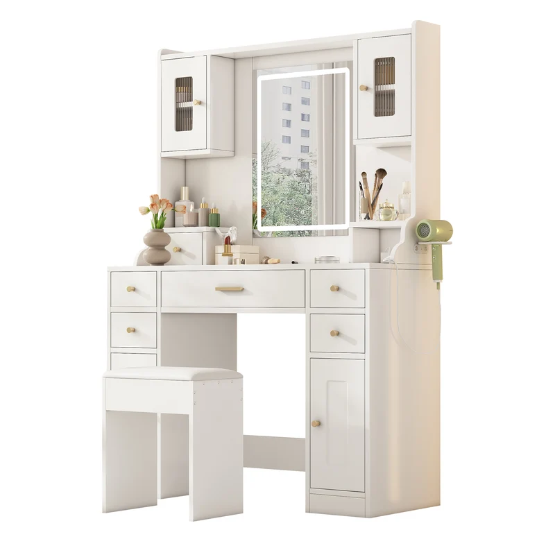 Coiffeuse blanche avec miroir LED réglable, 6 tiroirs, 4 portes et prises intégrées 105x152x40cm ALUMINUMSHELF