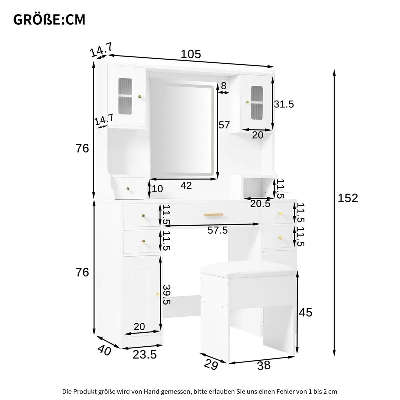 Coiffeuse blanche avec miroir LED réglable, 6 tiroirs, 4 portes et prises intégrées 105x152x40cm ALUMINUMSHELF