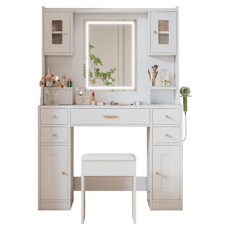 Coiffeuse blanche avec miroir LED réglable, 6 tiroirs, 4 portes et prises intégrées 105x152x40cm ALUMINUMSHELF