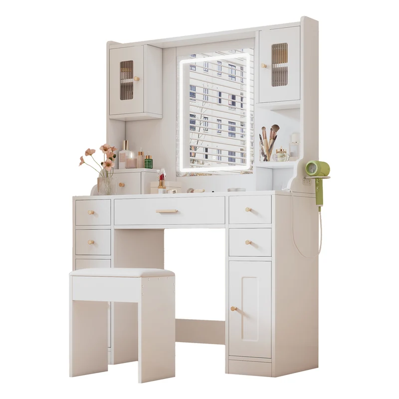 Coiffeuse blanche avec miroir LED réglable, 6 tiroirs, 4 portes et prises intégrées 105x152x40cm ALUMINUMSHELF