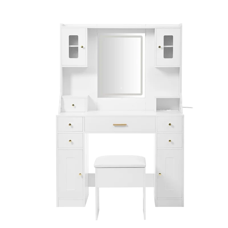 Coiffeuse blanche avec miroir LED réglable, 6 tiroirs, 4 portes et prises intégrées 105x152x40cm ALUMINUMSHELF