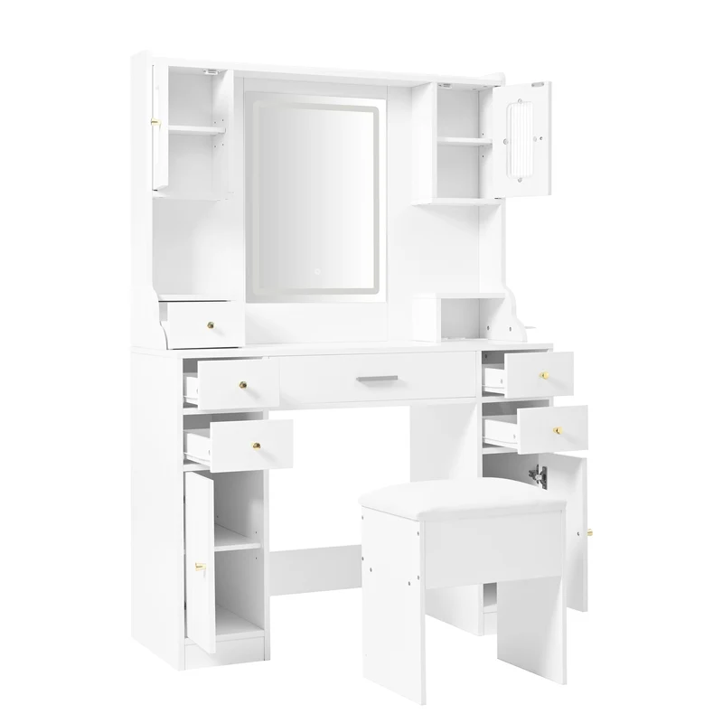 Coiffeuse blanche avec miroir LED réglable, 6 tiroirs, 4 portes et prises intégrées 105x152x40cm ALUMINUMSHELF