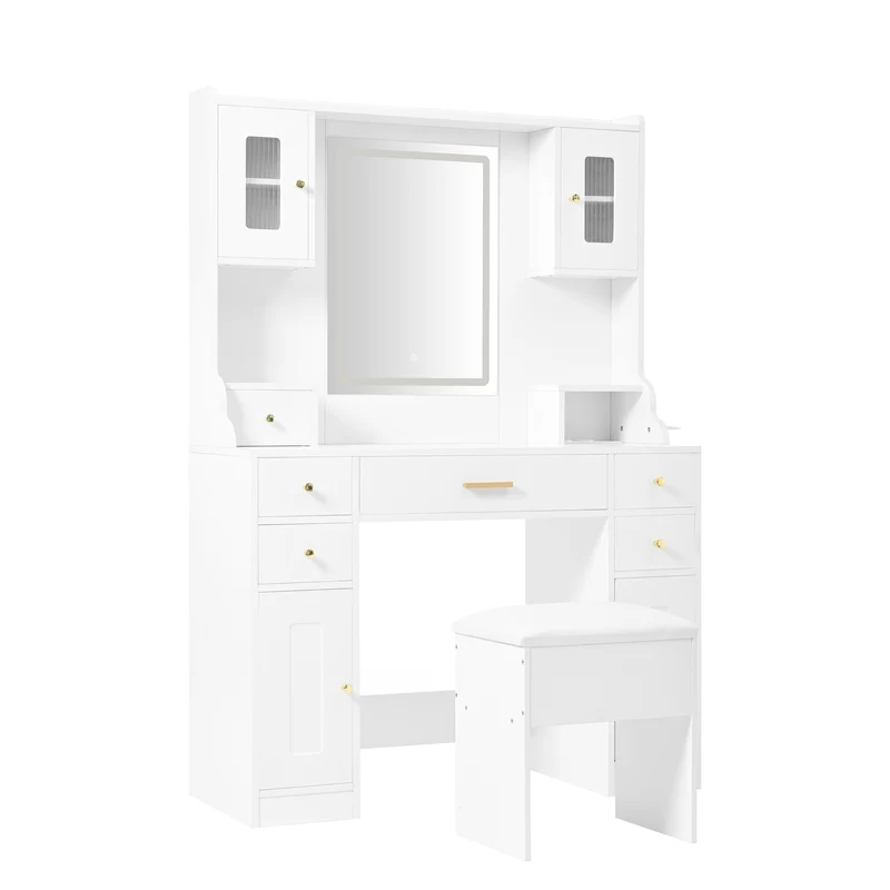 Coiffeuse blanche avec miroir LED réglable, 6 tiroirs, 4 portes et prises intégrées 105x152x40cm ALUMINUMSHELF