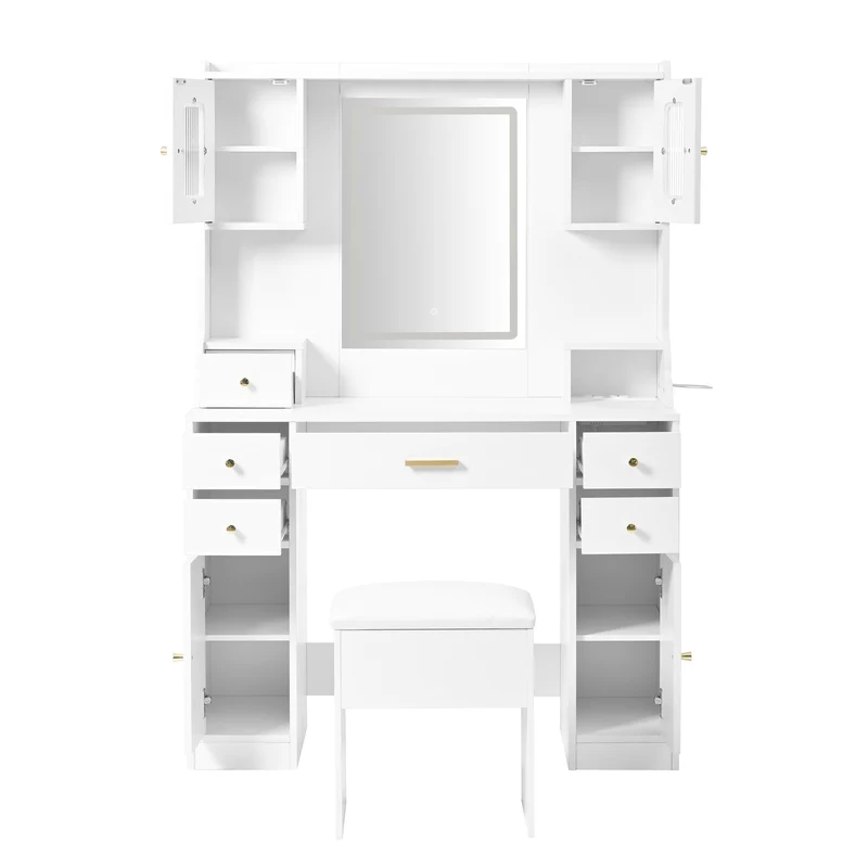Coiffeuse blanche avec miroir LED réglable, 6 tiroirs, 4 portes et prises intégrées 105x152x40cm ALUMINUMSHELF