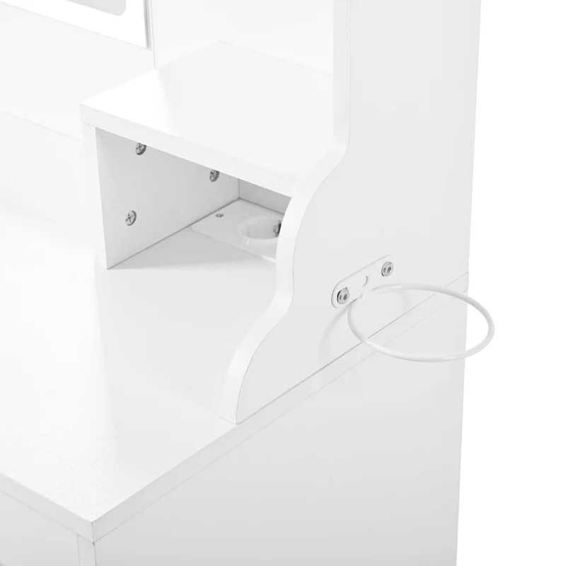 Coiffeuse blanche avec miroir LED réglable, 6 tiroirs, 4 portes et prises intégrées 105x152x40cm ALUMINUMSHELF