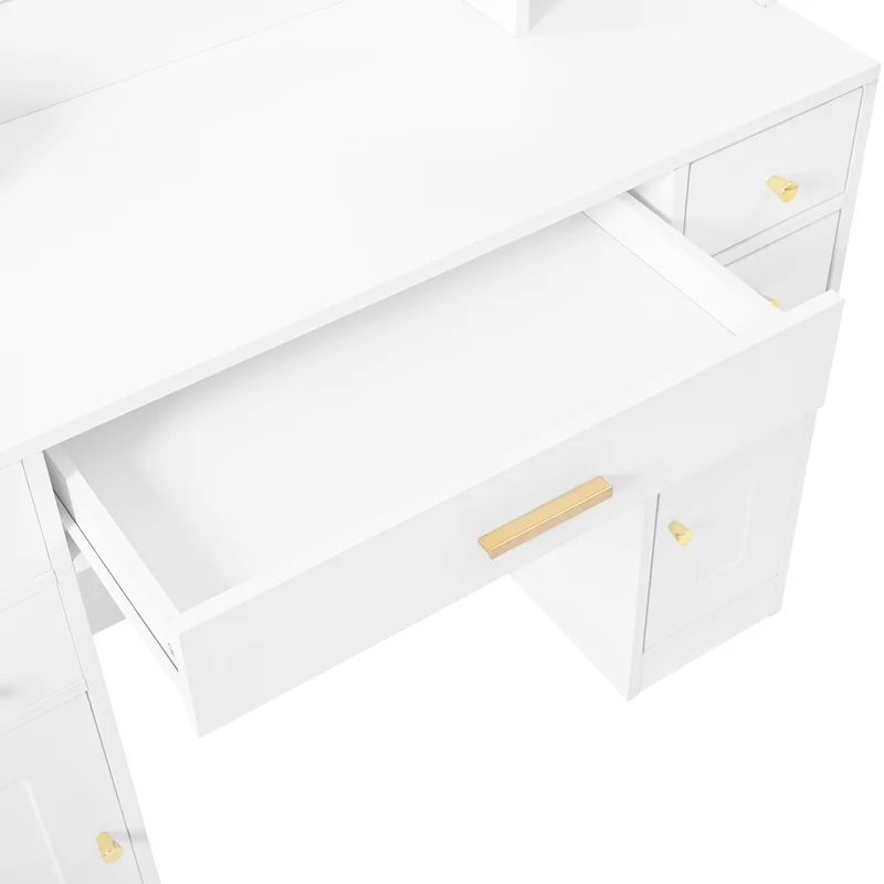 Coiffeuse blanche avec miroir LED réglable, 6 tiroirs, 4 portes et prises intégrées 105x152x40cm ALUMINUMSHELF