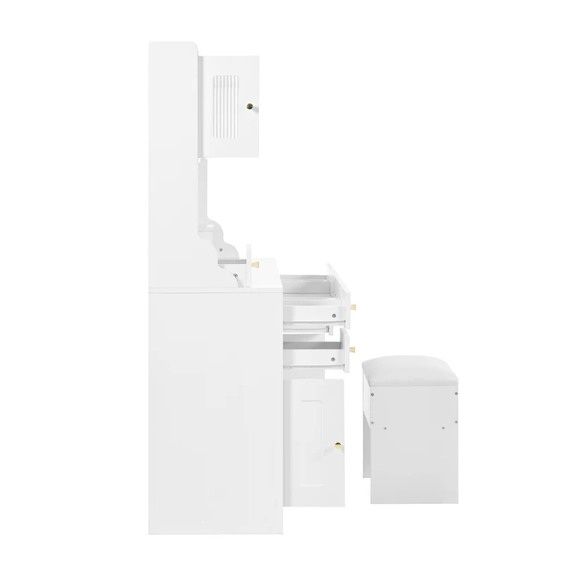 Coiffeuse blanche avec miroir LED réglable, 6 tiroirs, 4 portes et prises intégrées 105x152x40cm ALUMINUMSHELF