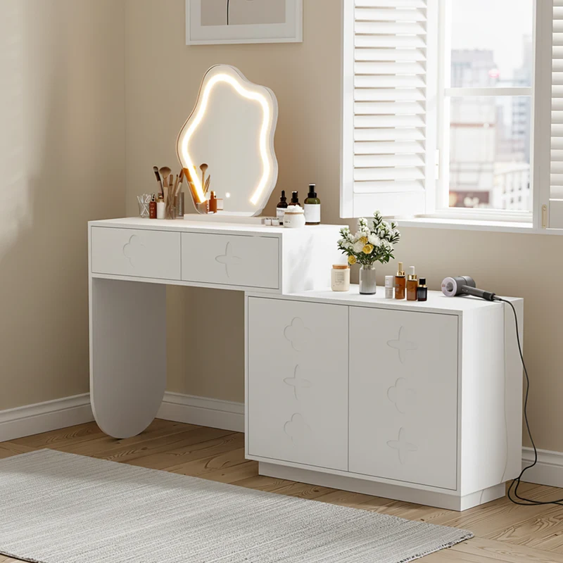 Coiffeuse blanche et armoire avec miroir LED 2 tiroirs et 4 étagères 160x40x132 cm ADJUSTBAR