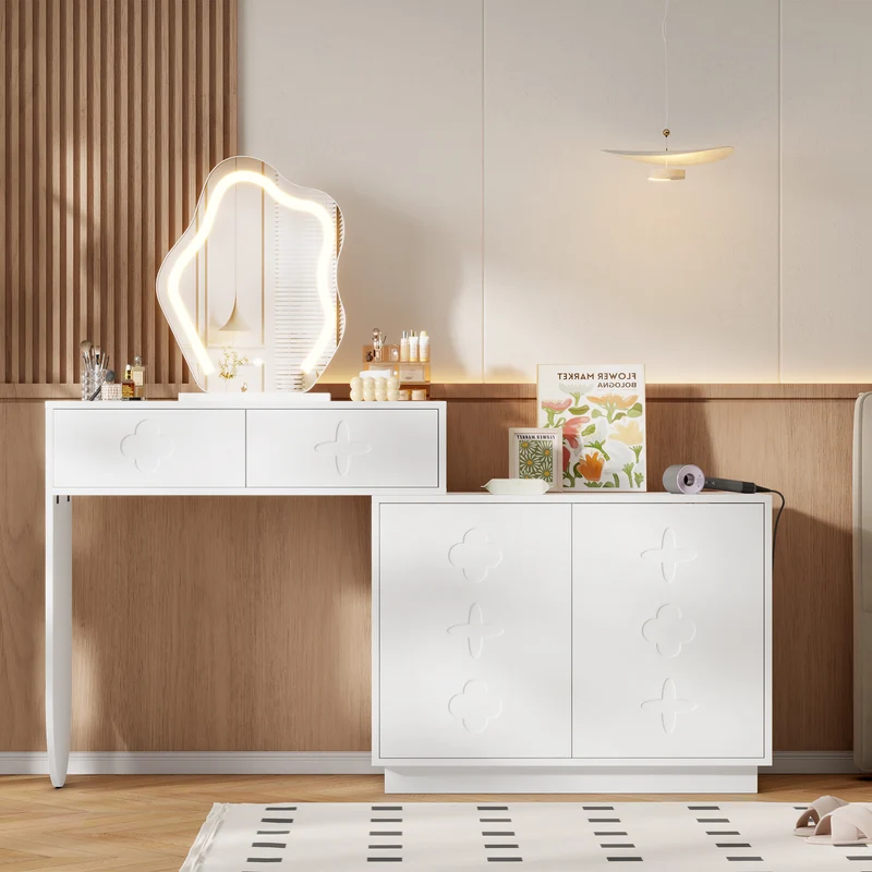Coiffeuse blanche et armoire avec miroir LED 2 tiroirs et 4 étagères 160x40x132 cm ADJUSTBAR