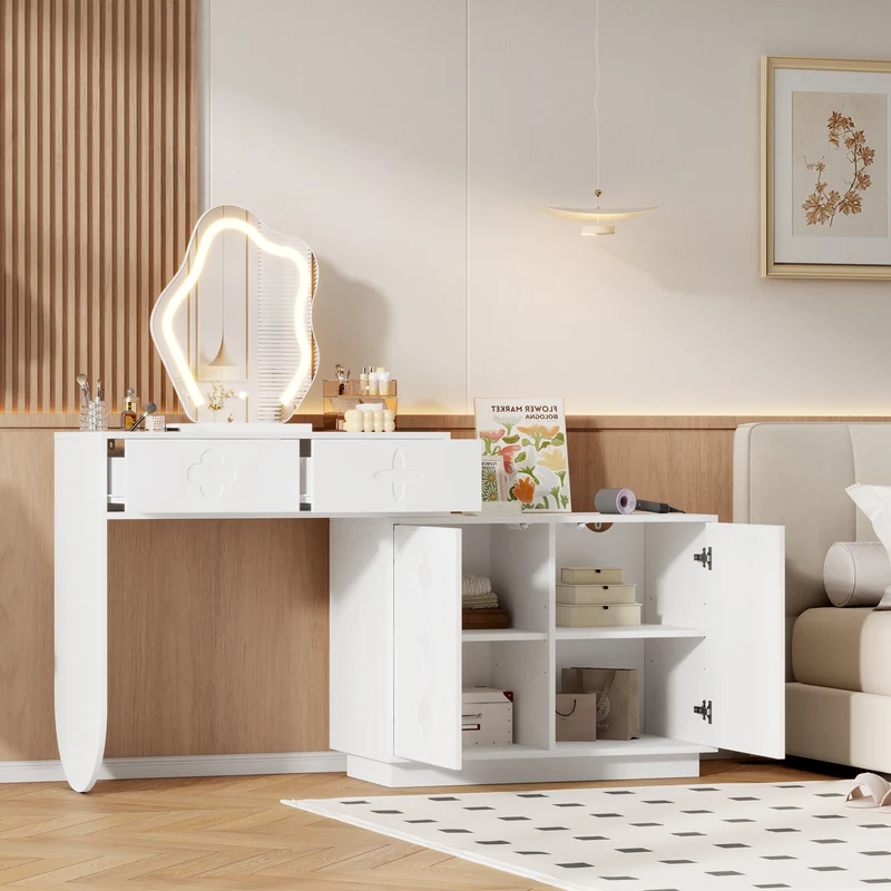 Coiffeuse blanche et armoire avec miroir LED 2 tiroirs et 4 étagères 160x40x132 cm ADJUSTBAR