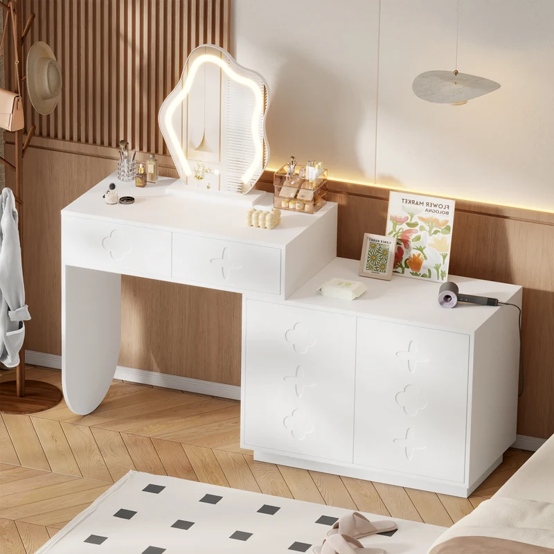 Coiffeuse blanche et armoire avec miroir LED 2 tiroirs et 4 étagères 160x40x132 cm ADJUSTBAR